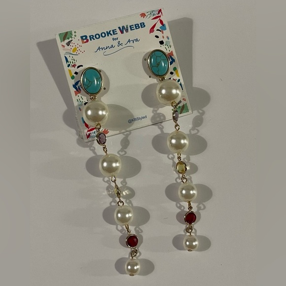 NWT ANNA & AVA by Brooke Webb Turquoise &Pearl Dangle Earrings with Red Accents - Picture 2 of 5